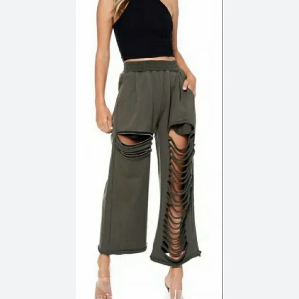Women's Olive Green‎ Wide Leg Zippered Distressed Cropped Cotton Sweatpants Sz M